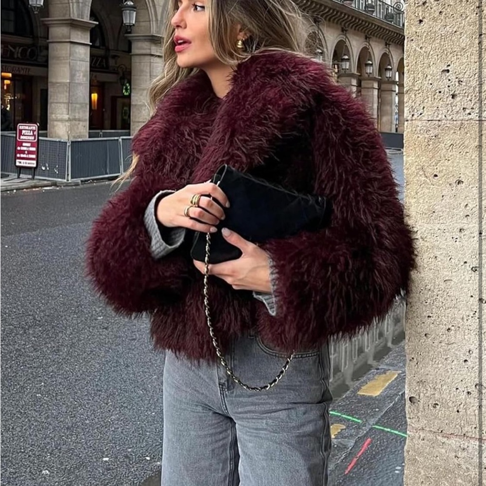 Luxurious Burgundy Faux Fur Jacket women coat winter shaggy